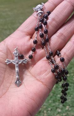 17.5" black round glass bead rosary. Original condition great condition. Marked "Italy" Black Beaded Cross-shaped Rosary, Black Beaded Cross Rosary, Black Crucifix Rosary As Gift, Gothic Rosary, Bead Rosary, Gothic Vintage, Prayer Beads, Black Glass, How To Make Beads