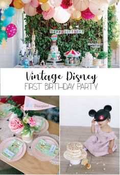 a birthday party with balloons, cake and minnie mouse ears on the top of it