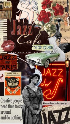 a collage of various images including an old car, jazz sign, and roses