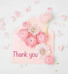 a thank you card with pink flowers on it