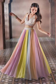 Multi colored pleated lehenga with an attached cancan, featuring embroidered waistband. Comes with floral embroidered, padded blouse and scalloped bordered dupatta. - Aza Fashions Pleated Lehenga, Lehenga Pattern, Floral Lehenga, Padded Blouse, Hem Blouse, Pleated Blouse, Set Women, Embroidered Blouse, Aza Fashion