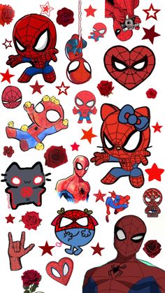 spiderman and other cartoon character stickers on a white background with red stars around them