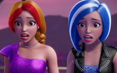 two animated women with different colored hair and necklaces, one is surprised at the camera