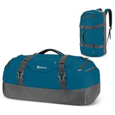 a blue duffel bag sitting on top of a white floor next to a gray backpack