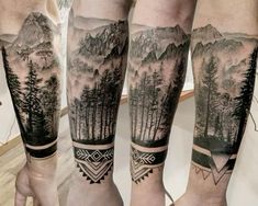 two people with tattoos on their legs are standing in front of mountains and pine trees