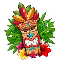 a tiki mask surrounded by tropical leaves and flowers