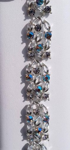 Stunning Vintage Lisner Arora Borealis Rhinestone Link Bracelet Silver Jeweled Crystal Bracelet With Cubic Zirconia, Costume Jewelry Crystal Bracelet With Rhinestones, Jeweled Crystal Bracelet Costume Jewelry, Silver Bracelets With Rhinestones For Jewelry Making, Chinese Lamp, Rhinestone Bracelets, Mid Century Jewelry, Moon Glow, Rhinestone Bracelet