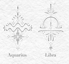 two zodiac symbols are shown in black and white ink on paper, with the word aquarius above them