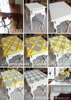 the instructions for how to paint an end table with yellow and white stripes on it