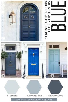 blue front doors with white trim and black bottom, gray lower half and light blue upper half