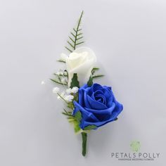 two white and blue roses with green stems on a white background, one is in the foreground