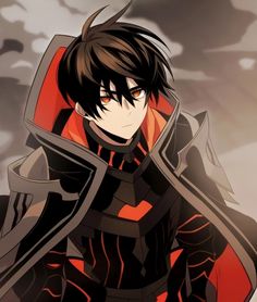 an anime character with black hair wearing a red and black outfit, standing in front of clouds