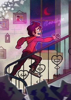 a cartoon character is climbing the stairs in front of an open window and reaching for something