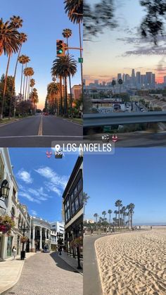 multiple shots of palm trees and buildings on the beach in los angeles, california usa