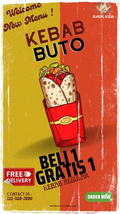 an advertisement for a restaurant called kebab butto, featuring two tacos in a red box