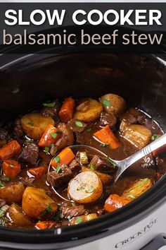 slow cooker balsamic beef stew in the crock pot with text overlay