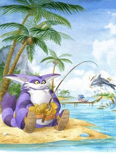 a painting of a purple cat fishing on the beach with palm trees and dolphins in the background