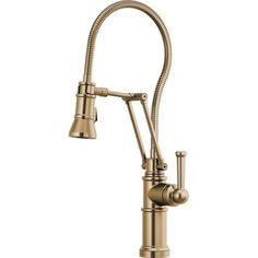 an antique brass faucet with two spray heads and nozzles on the side