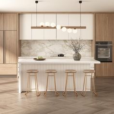 a kitchen with marble counter tops and wooden stools