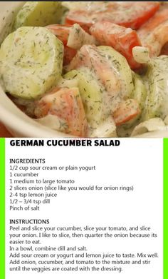 the recipe for german cucumber salad is shown