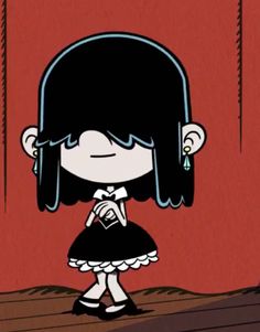 an animated girl with black hair and white dress standing in front of a red wall