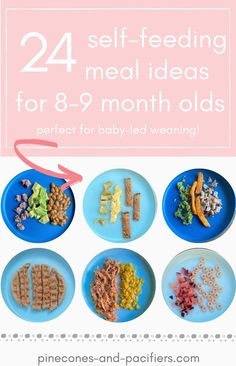 four plates with different foods on them and the words, 24 self - feeding meal ideas for