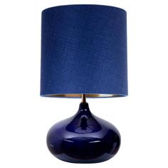 a blue lamp on a white background with a blue lampshade in the corner