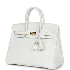 This Birkin is in White epsom with gold hardware and has tonal stitching, front flap with two straps, front toggle closure, clochette with lock and two keys, and double rolled handles.The interior is lined with White chevre and has one zip pocket with an Hermes engraved zipper pull and an open pocket on the opposite side.Collection: P SquareOrigin: FranceCondition: Pre-owned; Excellent to Mint - This bag retains its shape and structure. There is no plastic on the hardware with minor scratching on the front hardware and more visible scratching on the feet. The exterior leather is clean. There is minor creasing to the sides. The interior leather has yellowed from age but is overall clean.Accompanied by: Hermes box (slight dented box top), Hermes dustbag, clochette, lock, two keys, clochette White Birkin Bag, White Birkin, Hermes Birkin 25, Box Tops, Box Top, Hermes Box, Birkin 25, Madison Avenue, Hermes Birkin