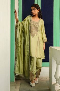 Green Party Wear Silk Kurta Set with Dupatta| Chanderi Silk| Zari Work Luxury Zari Work Party Wear Sets, Luxury Green Dupatta With Zari Work, Luxury Katan Silk Unstitched Suit For Festive, Luxury Party Wear Dupatta With Zari Work, Luxury Katan Silk Unstitched Suit For Women, Luxury Green Chanderi Sets, Luxury Cotton Silk Unstitched Suit With Mirror Work, Luxury Raw Silk Dupatta For Festive Season, Luxury Festive Unstitched Katan Silk Suit