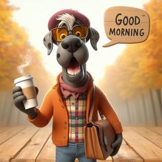 a cartoon dog holding a cup of coffee