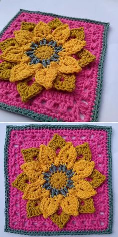 two crocheted squares with yellow and pink flowers on them, one is made out of