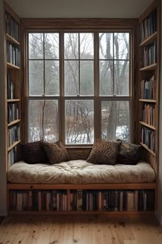 29 Creative Seating Options for Your Home Library Bay Window Seat And Bookshelf, Building Bookshelves Around A Window, Interior Design Bay Window, Window Bench Seat With Bookshelves, Cozy Built In Reading Nook, Window Bench Reading Nook, Reading Bay Window, Houses With Bay Windows, Library Home Design