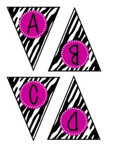 three triangle shaped banner with the letters abc and q in zebra print, each decorated with a pink ribbon