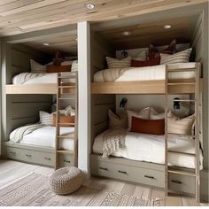 two bunk beds in a room with white walls and wood flooring on the bottom level