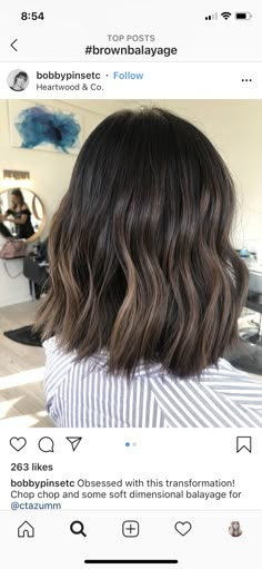 Subtle Balayage Brunette Bob, Dark Brown Long Bob With Highlights, Dark Brown Hair With Ashy Highlights Short, Dark Brown Bob Balayage, Dark Brunette Hair With Balayage, Brunette Low Lights Balayage, No Bleach Balayage Black Hair, Brunette Hair With Cool Tone Highlights, Short Dark Balayage Hair