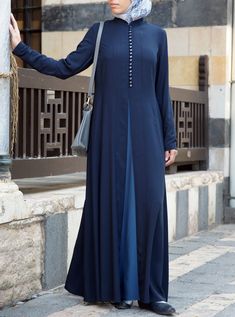 Contrast Godet Panel Abaya - Abayas - Women Long Abaya With Modesty Panel For Eid, Elegant Long Maxi Dress With Modesty Panel, Elegant Abaya With Modesty Panel, Eid Abaya With Modesty Panel, Fitted Long Abaya With Modesty Panel, Elegant Long Abaya With Button Closure, Hijab Prom Dress, Blue Fitted Floor-length Abaya, Modest Fitted Floor-length Abaya