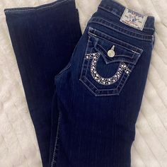 Navy True Religion low rise flare jeans with rhinestone embellishments #y2kfashion #lowrisejeans Rhinestone Embellishments, Low Rise Jeans, Y2k Fashion, True Religion