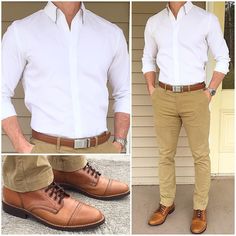 Chris Mehan, Dress Shirt Collar Styles, Outfit Boots, Shirt Collar Styles, White Dress Shirt, Tan Pants, Business Casual Men