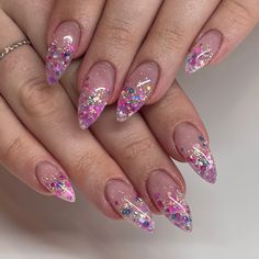 Glitter Confetti Nails, Summer Nails Glitter Sparkle, Hot Pink Glitter Nails Acrylic, Confetti Nails Acrylic, Spring Sparkle Nails, Pink Confetti Nails, Pink Fairy Nails, Pink Glitter Nail Designs, Spring Glitter Nails