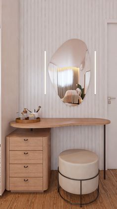 a dressing table and stool with a mirror on the wall