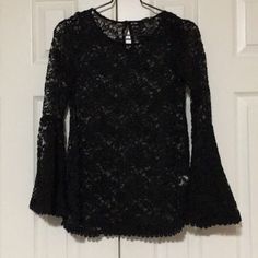 Gorgeous Bell Sleeve Lace Long Sleeve Top From Forever 21. Has A Beautiful Flower Pattern Material. Back Has A Little Peek Hole Design With A Gold Button. Brand New With Tags Size Small Black Bell Sleeve Party Blouse, Black Bell Sleeve Blouse For Party, Casual Bell Sleeve Blouse For Party, Casual Party Tops With Bell Sleeves, Forever 21 Black Blouse For Spring, Black Bell Sleeve Tops For Spring, Forever 21 Black Blouse For Fall, Lace Bell Sleeve Top, Lace Long Sleeve Top