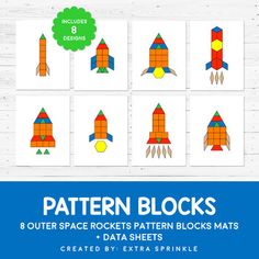 the pattern blocks for outer space rockets are shown in different colors and sizes, with text overlay