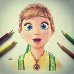 a pencil drawing of a boy with blue eyes and green suspenders, surrounded by crayons