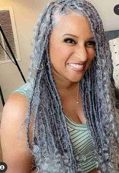 Gray Goddess Braids Silver Hair, Grey Crochet Hairstyles For Black Women, Grey And Black Braids Hairstyles, Salt And Pepper Twists Black Women, Natural Grey Hair Styles For Black Women, Gray Ombre Braids Black Women, Braids With Gray Hair Black Women, Salt And Pepper Faux Locs, Crochet Gray Hairstyles