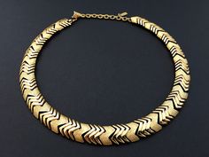 Monet Gold Choker, Vintage Jewelry, Adjustable Collar Necklace, Chevron Zig Zag Design, Heavy Choker, 80s Necklace, Brushed Serpentine Links by IridiumJewelry on Etsy Gold Retro Choker, Retro Gold Jewelry With Adjustable Chain, Retro Gold Choker Necklace, Retro Gold Metal Chain Necklace, Retro Gold Chain Necklace, Retro Gold Chain Necklace For Formal Occasions, Gold Retro Chain Necklace For Formal Occasions, Retro Gold Necklace With Adjustable Chain, Zig Zag Design