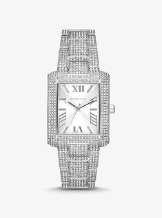 Meet Emery: a precious timepiece with allover pavé crystals that ensure to make a grand statement. Roman numeral time-stops add classic appeal while the polished beveled strap reads elegant. Consider it a glamorous piece to wear to an evening event. Michael Kross, Pave Bracelet, Silver Watches Women, Hand Bracelet, Roman Numeral, Analog Watch, Black Stainless Steel, Stainless Steel Watch, Beauty Accessories