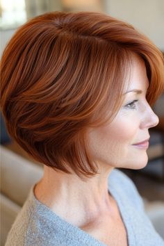 Feathered Layered Bob Hairstyle on a woman in her 50s with short layered reddish-brown hair, side view.