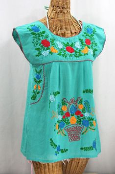 Embroidered Mexican Peasant Top Cap Sleeves: "La Boqueria" in Mint Green with Multi-Color Fiesta Han Mexican Blouses, Mexican Peasant Blouse, Embroidery Light, Navy Embroidery, La Boqueria, Pattern Outfits, Mexican Fashion, Mexican Blouse, Mexican Embroidery