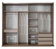 an open closet with clothes and shoes on the shelves next to each other, all drawn in white