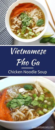 vietnamese pho ga chicken noodle soup in a white bowl with chopsticks